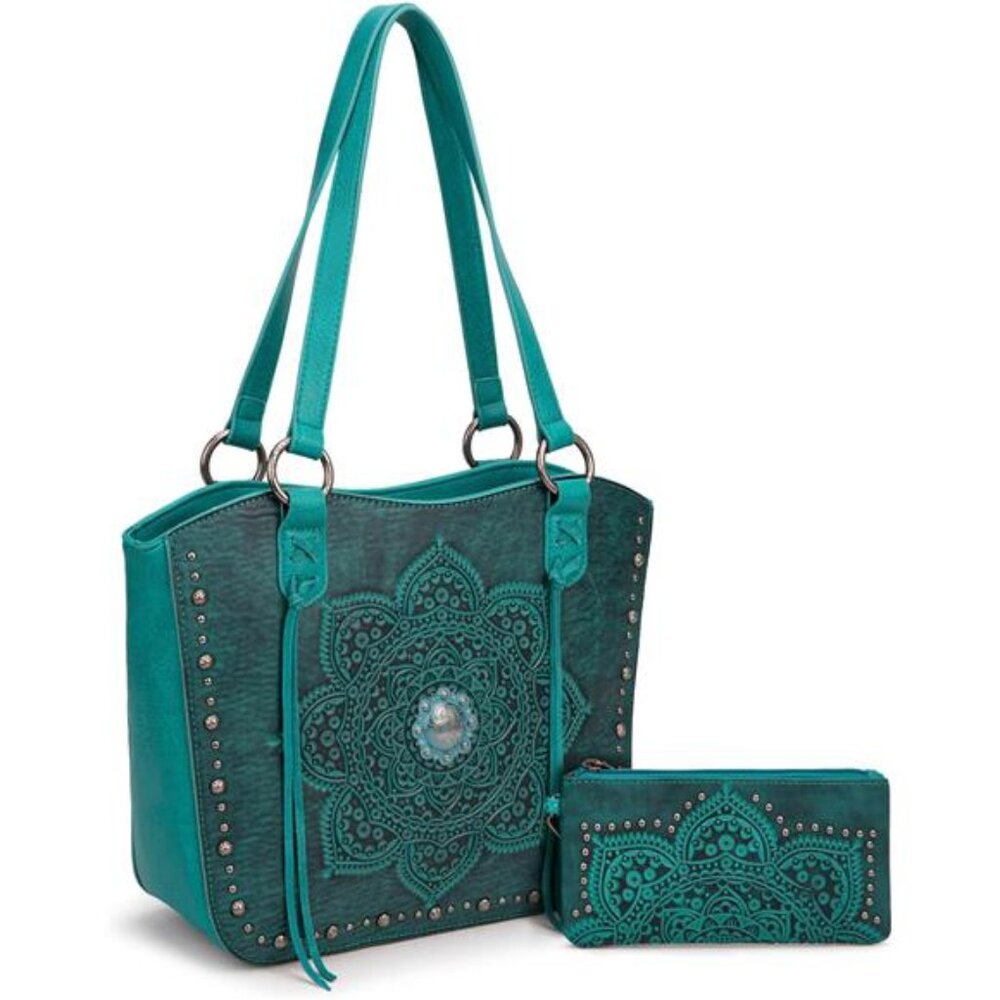 VEGAN LEATHER Turquoise Blue Mandala Tooled Bohemian Purse & Wallet Set - Picture 7 of 7